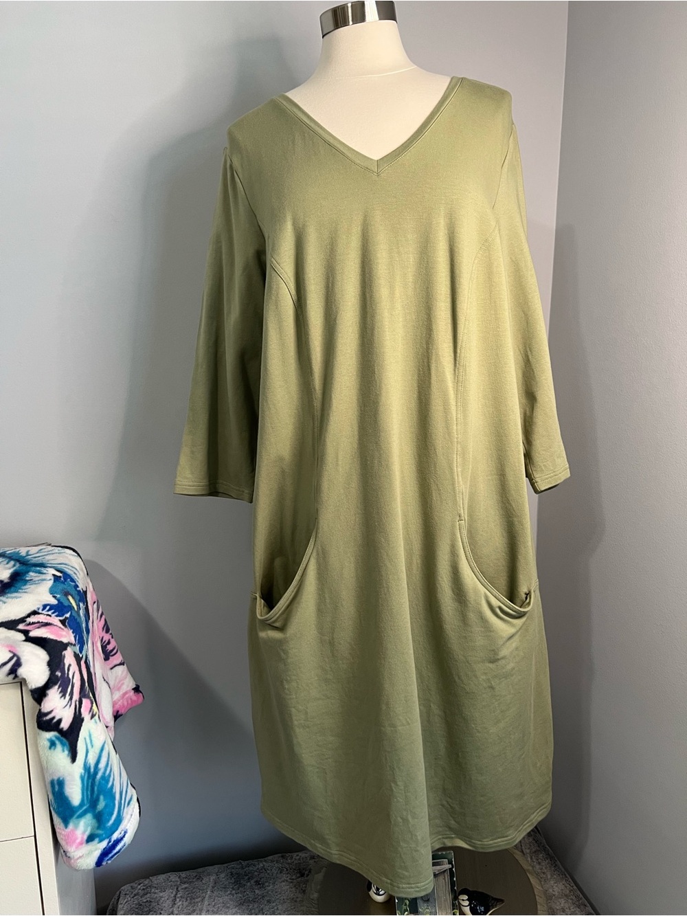 Denim & Co. Active Size 1X Green French Terry 3/4 Sleeve Dress with Pockets